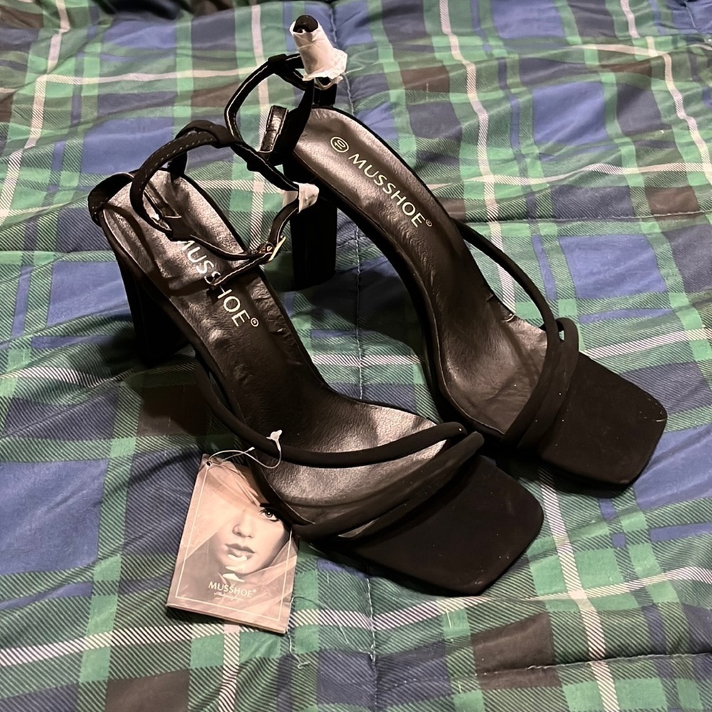 Square Toe black heels ankle strap shoes